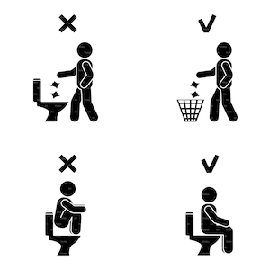 Bathroom Toilet Rules Sign Stick Man Figure Right Wrong Sitting Pose Throw Trash Do Not Flush Icon Pictogram SVG PNG EPS Instant Download