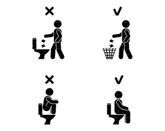 Badkamer Toilet regels teken stick man figuur goed verkeerd zitten pose gooien afval niet doorspoelen pictogram pictogram SVG PNG EPS instant download