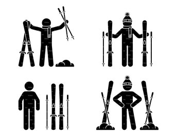 Ski Skiën Skiër Man Wintersport Sneeuw Stick Figure Man Mensen Silhouet Pictogram Clip Art Icon Vector Set SVG PNG EPS Instant Download