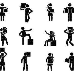 Carry Box Stick Figure Man Woman Mover Girl Pictogram Hold Remove Push Pull Lift Moving Home House Heavy Light Delivery SVG PNG EPS Icon Set