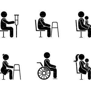 Wheelchair Crutches Walkers Handicap Stick Figure Man Person People Silhouette Cut File Parents Baby Kid Give Seat Sign Icon SVG PNG Clipart
