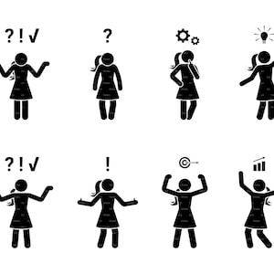 Stick Figure Woman Problem Solution Question Mark Creative Idea Decision Success Icon Vector Pictogram SVG PNG EPS Instant Download