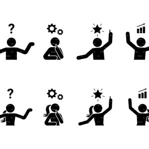 Stick Figure Man Woman Problem Solution Question Mark Creative Idea Success Icon Vector Silhouette Pictogram SVG PNG EPS Instant Download