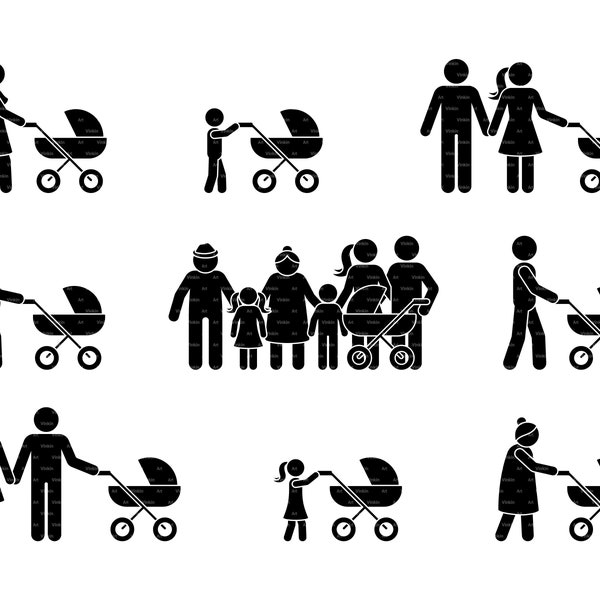 Stick Figure Family Man Femme Enfants Grand-père Grand-mère Marcher avec poussette Poussette Vecteur SVG PNG EPS Téléchargement instantané