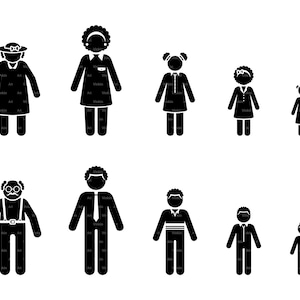 Stick Figure Grandfather Man Grandmother Woman Teen Child Kid Stickman Vector People Icon Silhouette Pictogram SVG PNG EPS Instant Download