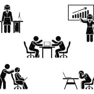 Bureau Stick Figure Homme Femme Travail Emploi Travail d&#39;équipe Réunion Employé Auditeur Comptable Gestionnaire Rapport financier Stress SVG PNG EPS Vector Icon