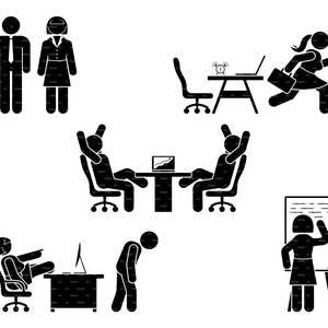 Stick Figure Business Man Woman Office Work Job Boss Team Wear Sit at Desk Computer Laptop Writing Angry Sad Run Away Icon SVG PNG EPS Set