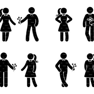 Stick Figure Man Give Flowers Woman Couple in Love on a Date Boy Girl Bouquet Clip Art Pictogram Vector Icon SVG PNG EPS Instant Download
