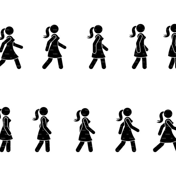 Walking Stick Figure Woman Female Person People Move Run Step Walk Sequence Vector Silhouette Cut File Pictogram SVG PNG EPS Icon Vector Set