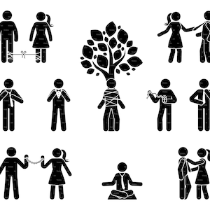 Stick Figure Man Woman Connected Tied Up Bound Trapped Stressed Arrested Person People Meditating Unpack Present Relieved Pull SVG PNG EPS