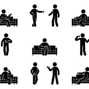 Stick Figure Drink Coffee Tea Cup of Coffee Man Person People Sit on Sofa Rest Relax Icon Vector Pictogram Set SVG PNG EPS Instant Download