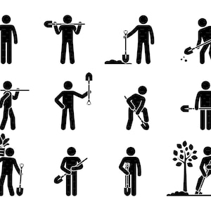 Stick Figure Man Digging Soil Shovel Spade Garden Harvest Stickman Vector People Icon Sign Silhouette Pictogram SVG PNG EPS Instant Download