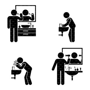 Personal Hygiene Bathroom Brush Teeth Wash Hands Face Dry Hair Stick Figure Man Male Boy Bath Cabinets Clip Art SVG PNG EPS Instant Download