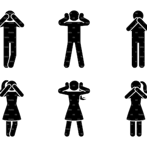 Tres Mono Sabio Ver Oír Hablar No Malvado Palo Figura Hombre Gente Vector Icono Pictograma Silueta Signo Símbolo SVG PNG EPS Descarga instantánea