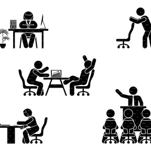 Employés de bureau Stick Figure Homme Femme Orateur Réunion Travail Travail d’équipe Employé Assis Rédaction Gestionnaire Rapport Set SVG PNG EPS Téléchargement instantané
