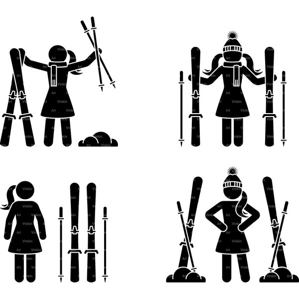 Ski Skiing Skier Woman Winter Sports Snow Stick Figure Girl People Silhouette Pictogram Clipart Icon Vector Set SVG PNG EPS Instant Download