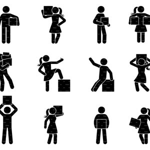 キャリーボックス スティックフィギュア 男性 女性 ピクトグラム 持つ 取り外す 押す 引く 持ち上げる ボックス ホーム 移動 重い 配達 アイコン セット SVG PNG EPS 即時ダウンロード