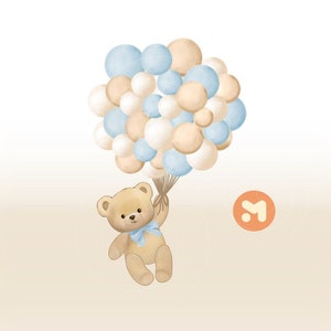 Ours en peluche suspendu à un ballon de couleurs neutres pour Shower de bébé ours en peluche Clipart numérique en téléchargement aquarelle bébé garçon fille attendre