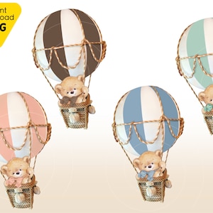 Bundle Hot Air Balloon baby nursery Teddy Bear Baby Shower Clipart Digital, Baby Bearly Wait theme basket brown bear boy girl Vintage