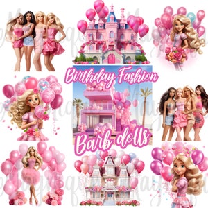 Imágenes prediseñadas de muñecas de cumpleaños de moda, amigos, acuarela, globos, cumpleaños, descarga digital, manualidades para niñas, sublimación