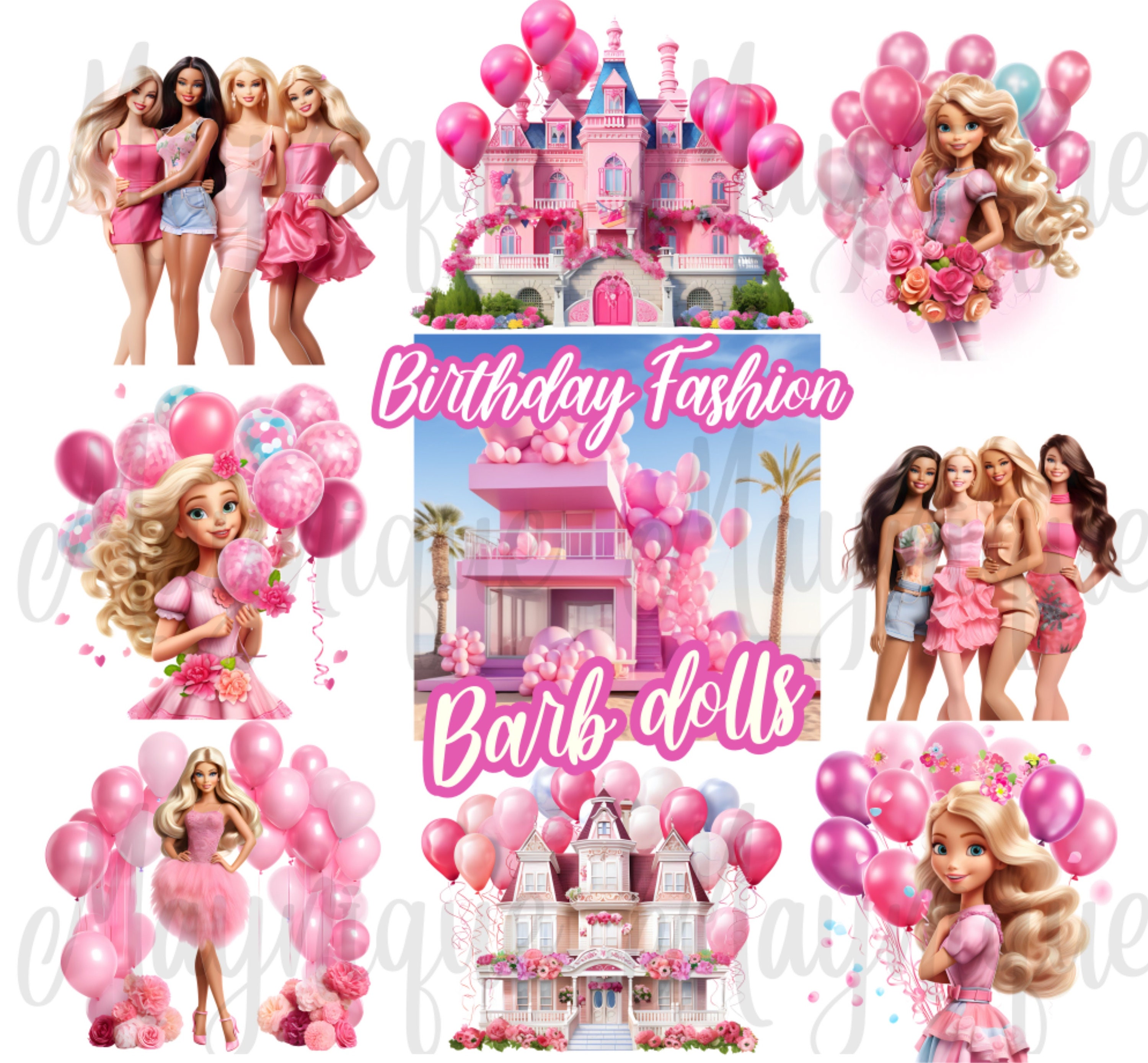 Fashion Birthday  Doll Clipart Images Friends png watercolor , Balloons, Birthday, Digital Download, girl crafts Sublimation
