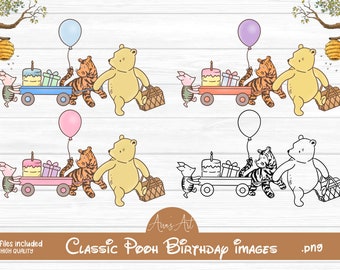 Nalle Puh födelsedagsbild träd Clipart Nasse Tigger bilder ballong png digital nedladdning, första födelsedag barnfest pyssel sublimering