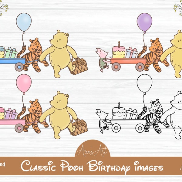 Winnie The Pooh Birthday Image Tree Clipart Piglet Tigger Images Balloon png Digital Download, First Birthday kids party crafts Sublimation