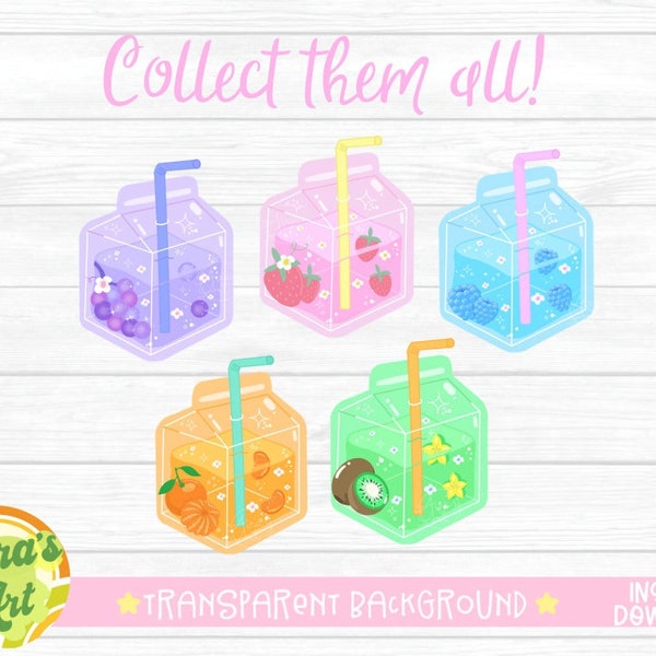 Aesthetic Juice Set Clipart Clear Sticker Sublimation Cricut Translucent Cup StrawberryMilk image png kiwi fruit kawaii Carton CA1027