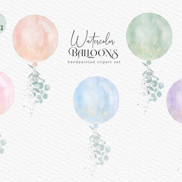 Watercolor Eucalyptus Round Balloon Baby Shower Clipart Digital greenery, Bridal birthday boy girl water color peach blue pink green