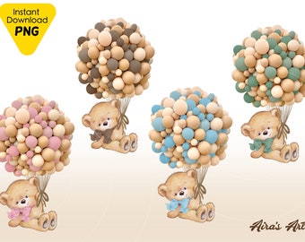 Bundle Hot Air Balloon Neutral Colors Teddy Bear Baby Shower Clipart Digital Download Baby Bearly Wait theme sitting bear Teddybear boy girl