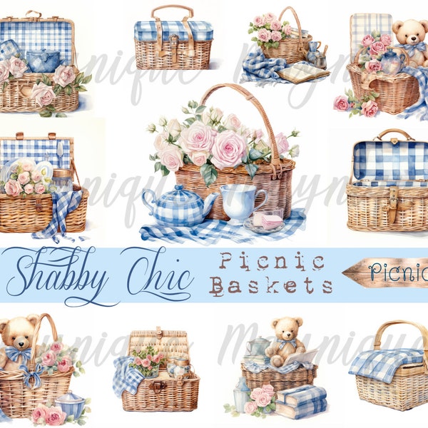 Clipart de panier de pique-nique aquarelle, nappe à carreaux bleus et roses roses, thé, ours en peluche pique-nique panier de pique-nique antique, été printemps artisanat