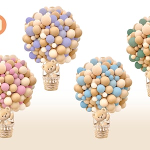Paquete de centro de mesa con globos aerostáticos, osito de peluche para baby shower, descarga digital, tema de cesta de espera de osito de peluche para niño y niña
