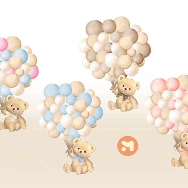 Bundle Hot Air Balloon Neutral Color Teddy Bear Baby Shower Clipart Digital Download Baby Bearly Wait theme sitting bear Teddy bear boy girl