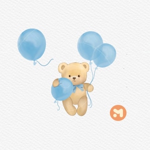Urso de pelúcia Clipart Bege Tan Aquarela Urso segurando balão Chuveiro Primeiro aniversário Blue Boy Ilustração Digital Download Bearly Wait theme