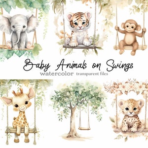 Aquarell Safari Tiere auf Schaukel Clipart Bundle für Boho Stil, Kind, Kleinkind, Baby, Baby Shower Kinderzimmer Dekor Grün