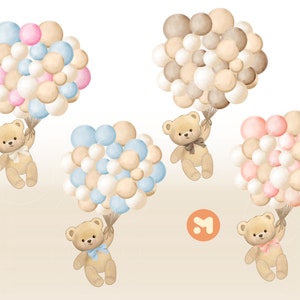 Bundle ballon à air chaud couleurs neutres ours en peluche baby shower Clipart téléchargement numérique thème bébé Bearly attendre assis ours en peluche garçon fille