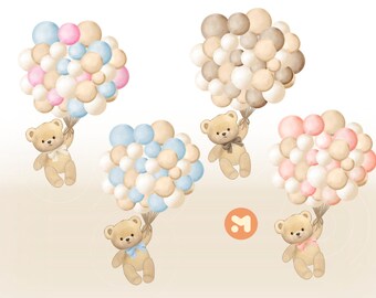 Op de afbeelding: Vier teddyberen die aan bosjes ballonnen vasthouden. De ballonnen zijn in verschillende tinten roze, blauw, beige en wit. De teddyberen dragen allemaal een strik.