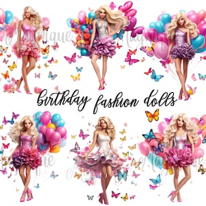 Fashion Birthday Barb Doll Clipart Images Transparent png watercolor Movie, Balloons, Birthday, Digital Download, girl crafts Sublimation