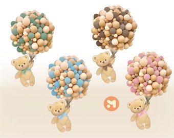 Op de afbeelding: Vijf teddyberen die aan bosjes ballonnen vasthouden. De ballonnen zijn in vier verschillende kleuren: bruin, blauw, groen en roze. De teddyberen dragen allemaal een strik.