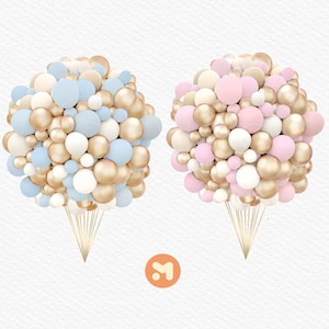 Ballonbundel Goud Neutrale kleuren Teddybeer Babyshower Clipart Digitaal Geslacht onthullen Neutraal Bearly Wacht zittende beer Goud jongen meisje