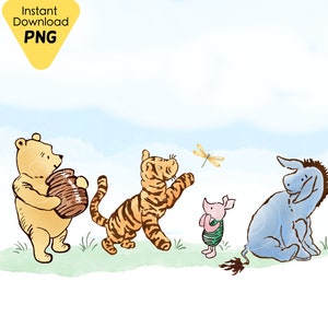 Imágenes prediseñadas de Winnie The Pooh, Piglet, Eeyore, Tigger, globo, paraguas, png, baby shower, guardería, descarga digital, manualidades para fiestas, sublimación