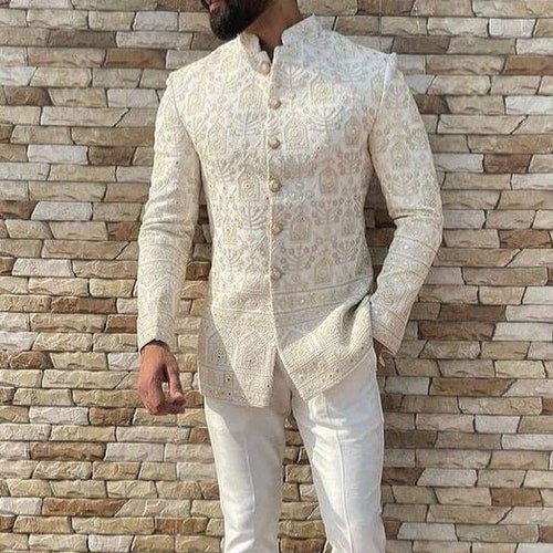 Cream Jodhpuri Suit With Golden Zari Work for Groom Wedding - Etsy