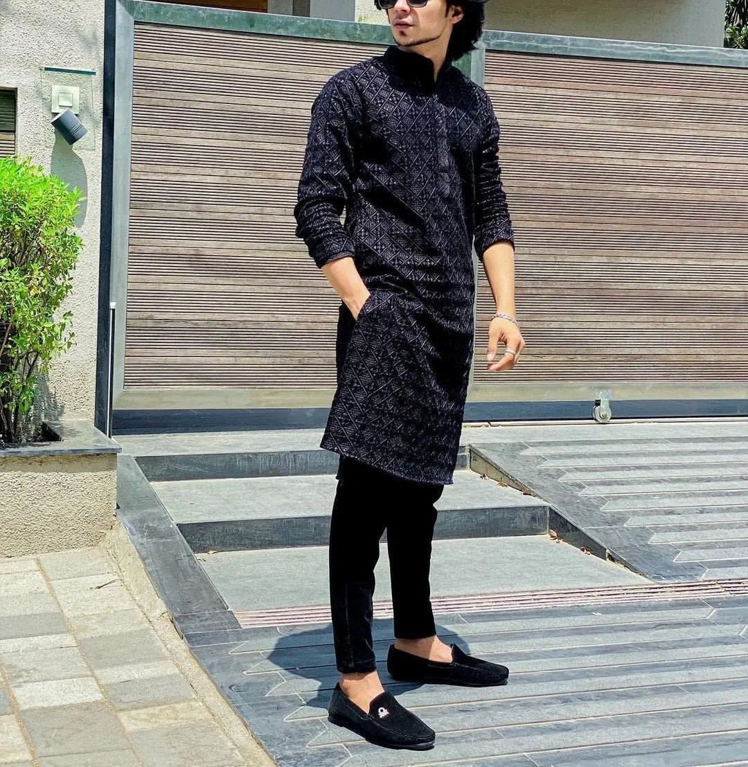 Wedding Special Black Velvet Kurta Suit With Sequins Zari Work - Etsy
