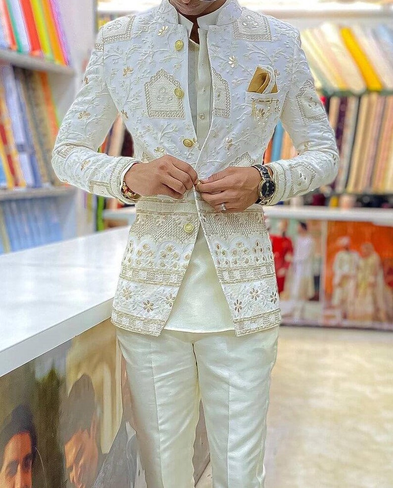 Buy Cream Jodhpuri Suit With Golden Lucknowi Zari Work for Party Online in India Etsy