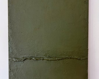 Minimal Art, unieke kunst, acrylkunst, kaki groen, zand, wit, groene muurkunst, canvas schilderij, abstract, spatelkunst, handgemaakt,