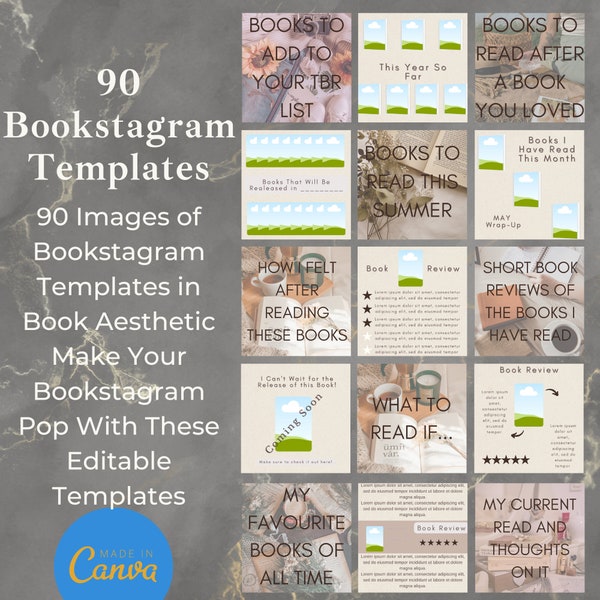 90 Bookstagram Templates Aesthetic Book Theme, Perfect for Book Influencers, Book Bloggers, Writers and Book Promotion. Made in Canva