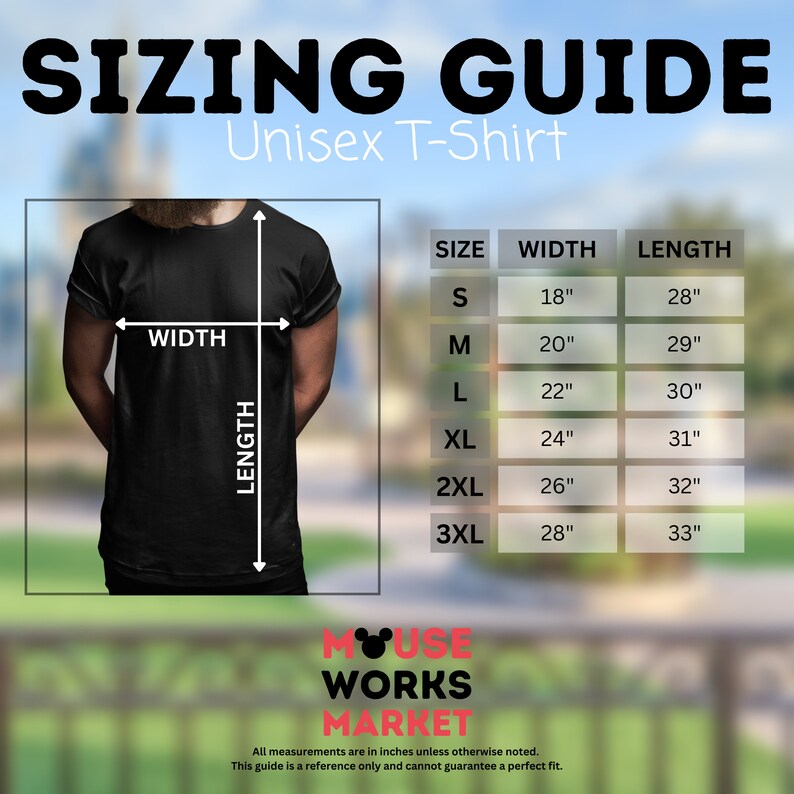 Puede incluir: Gu&iacute;a de tallas para camiseta unisex con una tabla que muestra las medidas en pulgadas para las tallas S a 3XL. La tabla muestra las medidas de ancho y largo para cada talla.