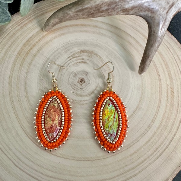 Orange beaded diamond shaped earrings