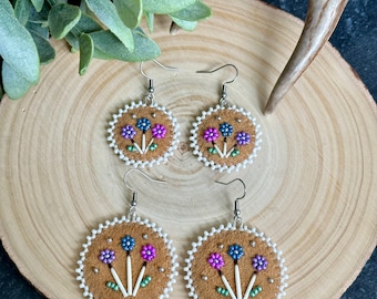Moose Hide Beaded Earrings, Quill Accents - Winter Floral Design