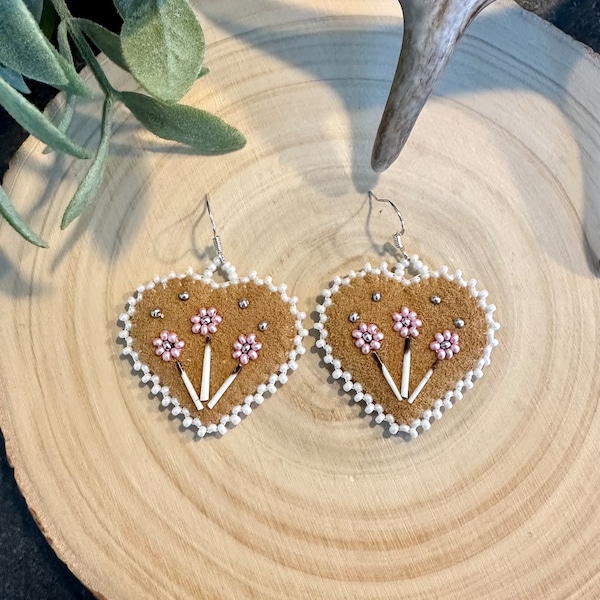 Leather heart shaped beaded earrings